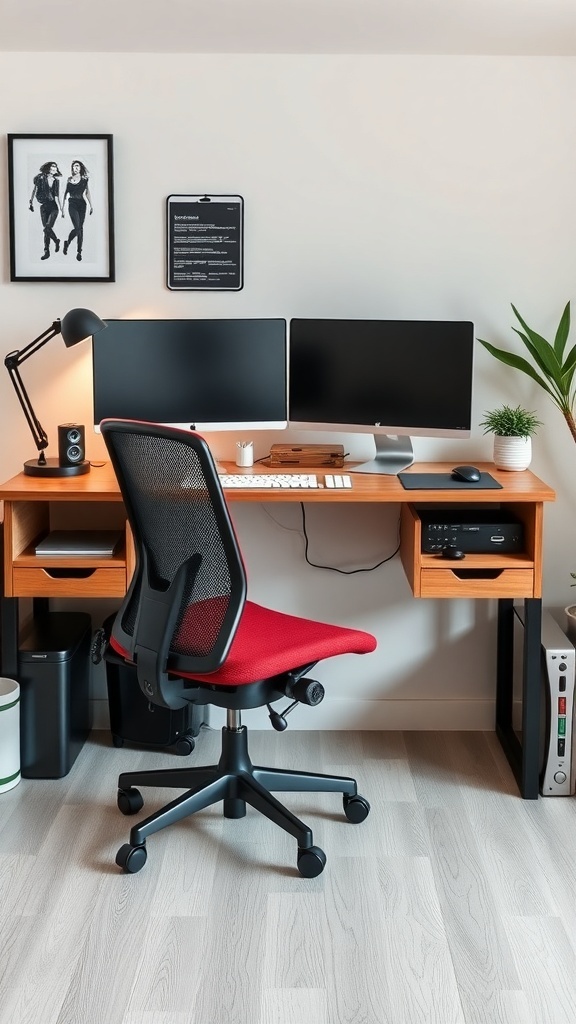 An ergonomic desk setup featuring a wooden desk, dual monitors, a red office chair, and decorative plants.