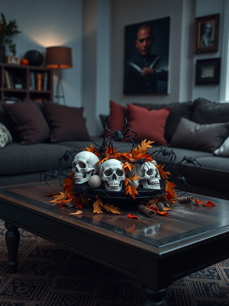 12 Spooktacular Halloween Home Decor Ideas to Transform Your Space 8 A Halloween-themed centerpiece featuring skulls, autumn leaves, and spiders on a coffee table.