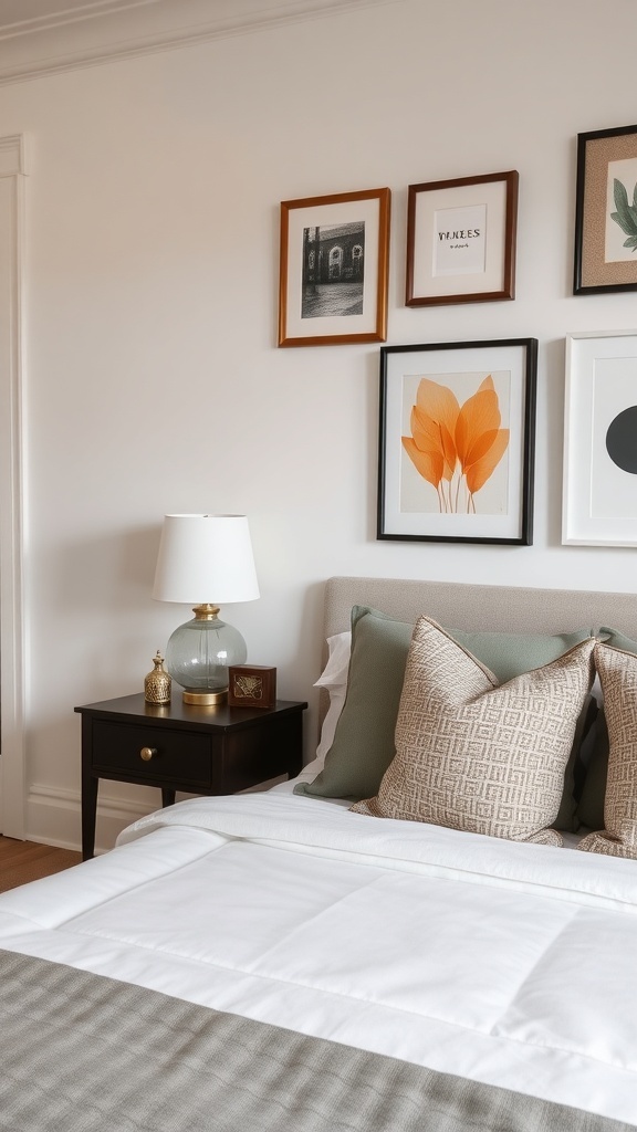 A cozy guest bedroom featuring decorative wall art with framed prints and a stylish bedside table.