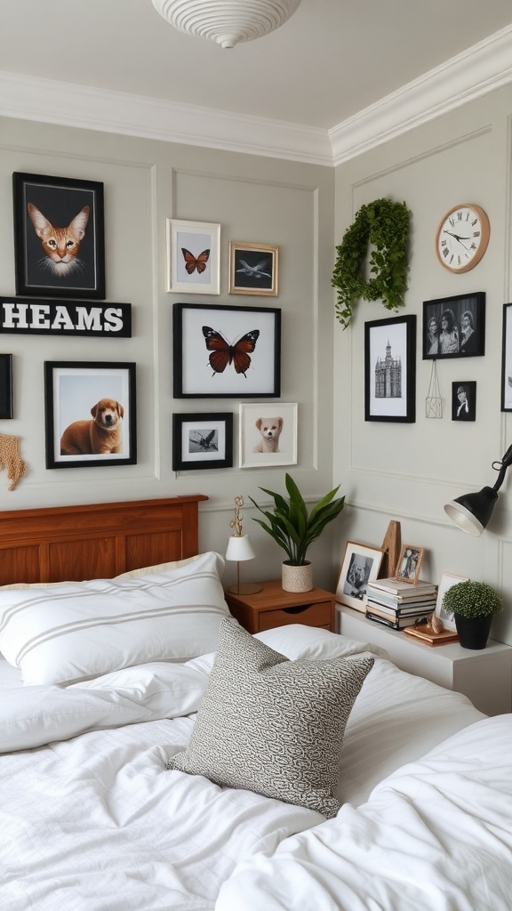 A warm bedroom with personalized decor featuring framed animal and nature art, plants, and cozy bedding.