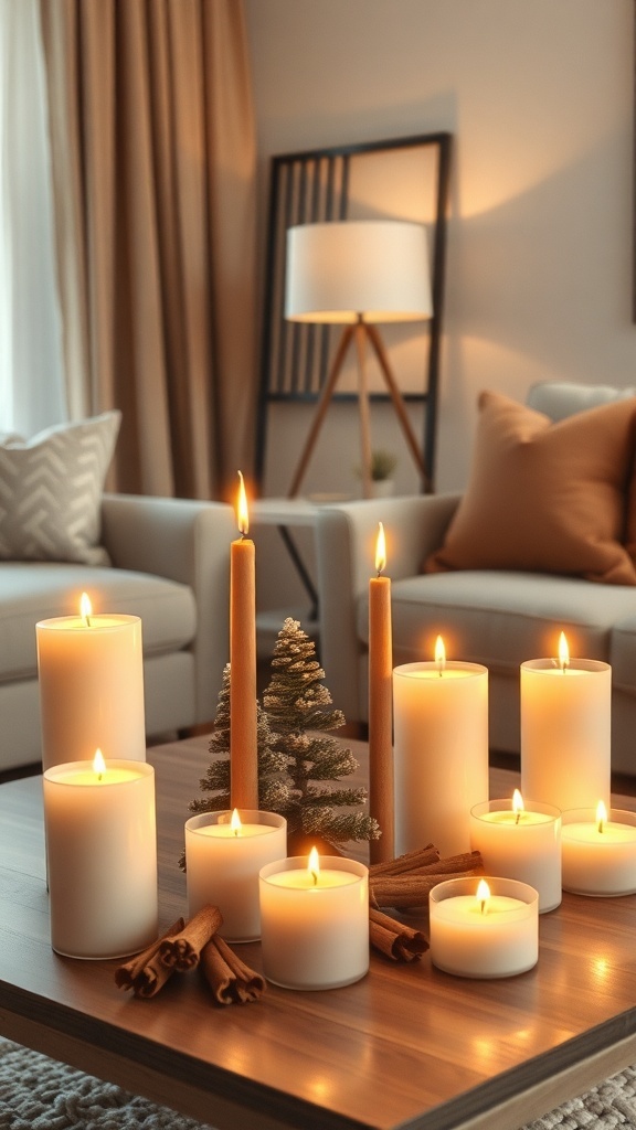 A cozy living room table with cinnamon scented candles, a small evergreen tree, and cinnamon sticks.