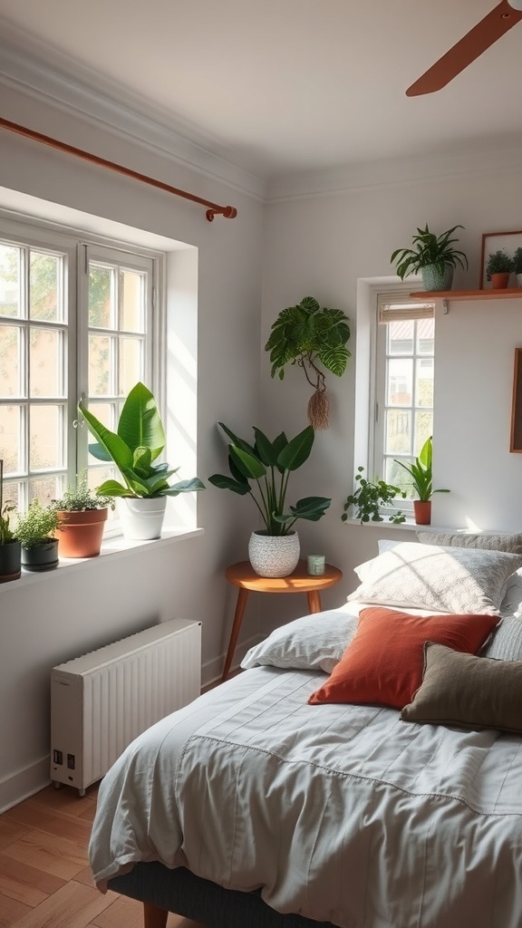 A cozy bedroom with various indoor plants on the window ledge and shelves, creating a fresh and inviting atmosphere.