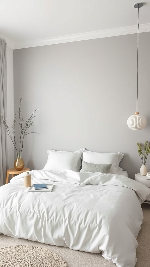 A minimalist bedroom featuring soft grey walls, white bedding, and simple decor.