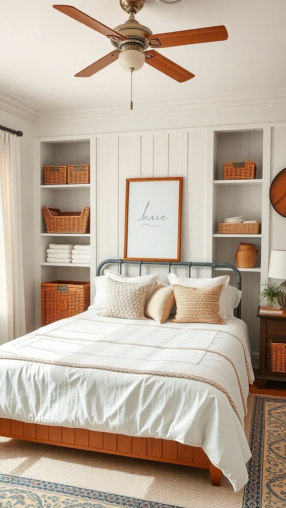 A cozy farmhouse bedroom featuring a bed with soft linens, decorative pillows, and functional storage solutions like woven baskets on shelves.