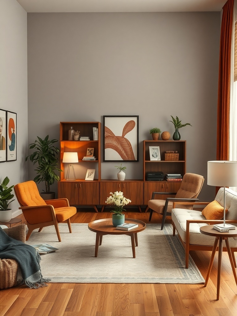 17 Must-Have Vintage Home Decor Items for Timeless Style 17 A cozy mid-century modern living room featuring orange chairs, wooden furniture, and warm lighting.