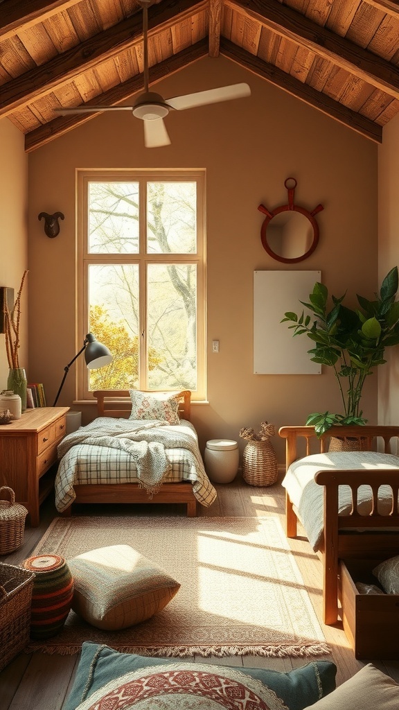 A cozy teen boy bedroom with earthy tones, wooden furniture, and plants.