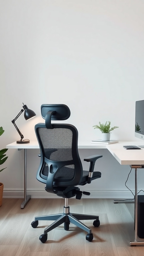 A modern home office featuring an ergonomic chair, minimalist desk, and a desk lamp.