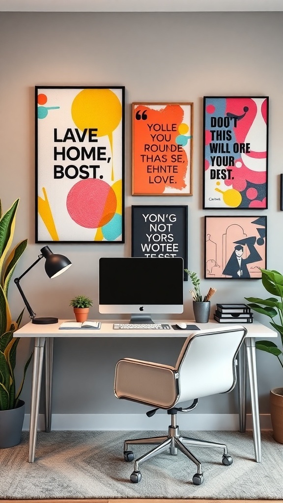A stylish home office with colorful wall art, a desk, and a computer.