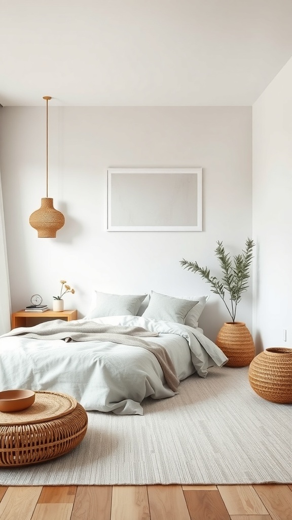 A serene bedroom with light gray bedding, woven decor, and plants, creating a calming atmosphere.