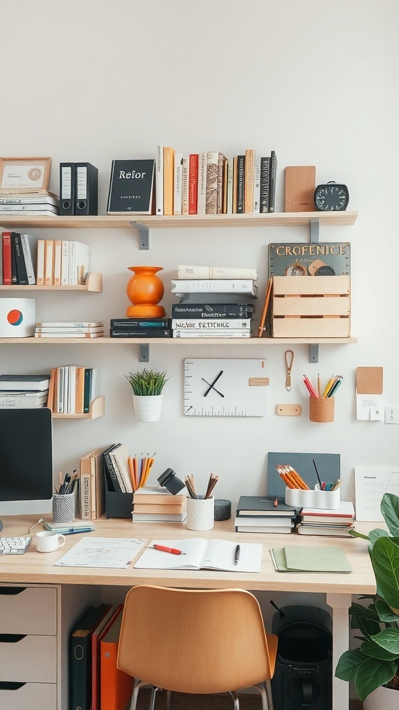 A well-organized home office with shelves filled with books, decorative items, and storage containers, showcasing effective use of vertical space.
