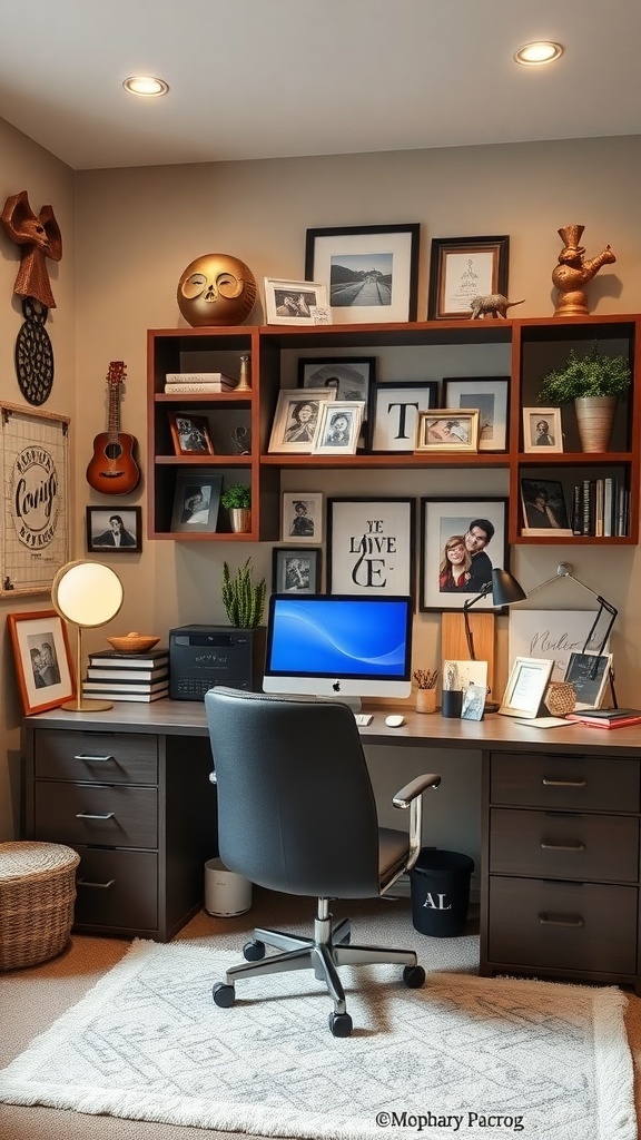 A cozy home office with personalized touches including framed photos, a guitar, and decorative items on shelves.