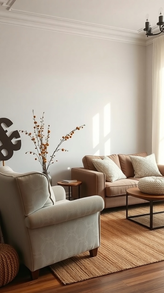 Cozy fall living room with comfortable seating arrangements, featuring a light-colored armchair and a warm sofa.