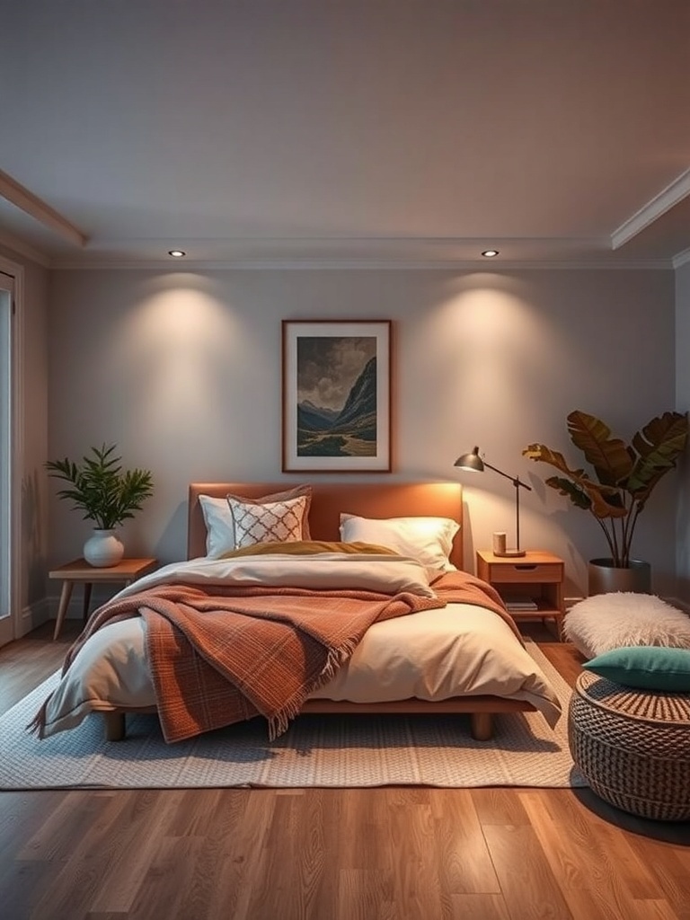 A cozy master bedroom featuring warm color palettes, soft bedding, and natural elements.