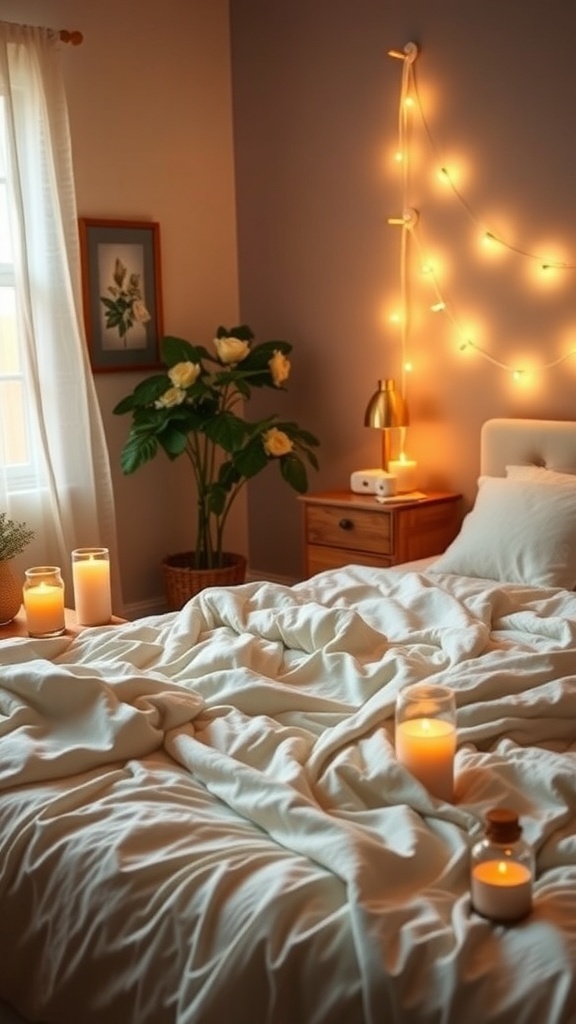 A cozy bedroom with soft bedding, candles, and a plant, creating a warm atmosphere.