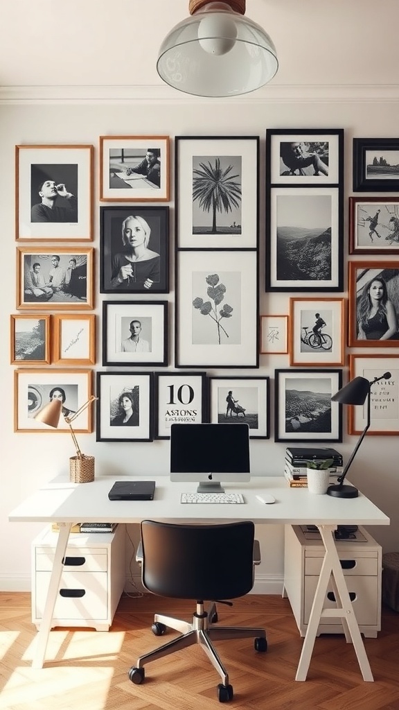 A stylish home office with a gallery wall featuring black-and-white framed photos and art pieces.