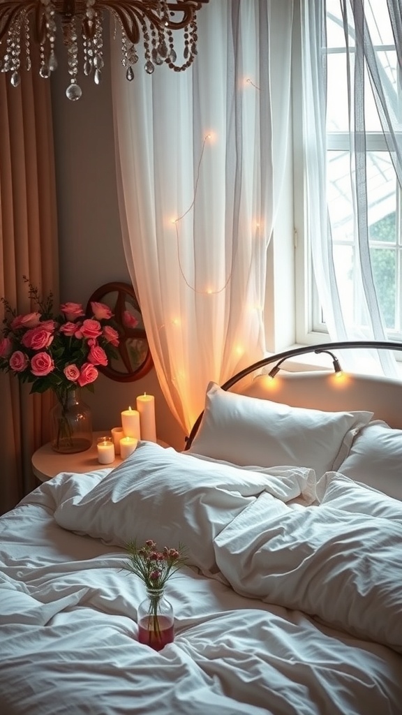 A cozy bedroom with soft lighting, featuring a neatly made bed, candles, and flowers.