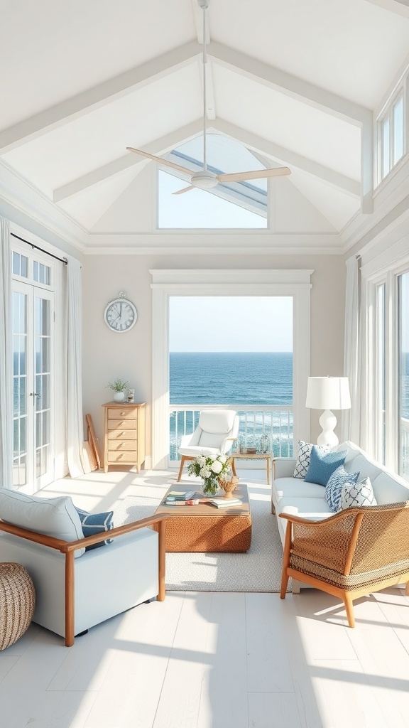A bright coastal living room with large windows overlooking the ocean, featuring light-colored furniture and a cozy atmosphere.