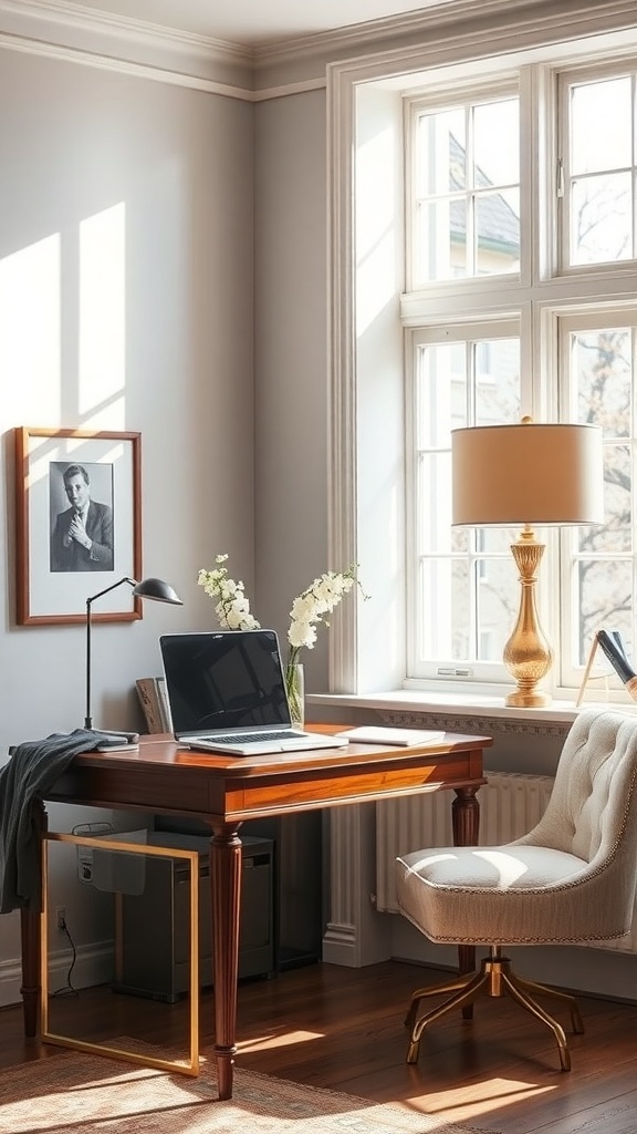 A feminine home office with a wooden desk, laptop, and stylish lamp, illuminated by natural light from large windows.