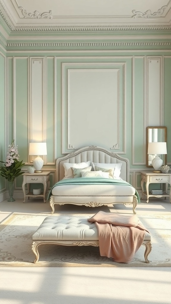 A beautifully designed bedroom featuring sage green walls, white furniture, and elegant decor.