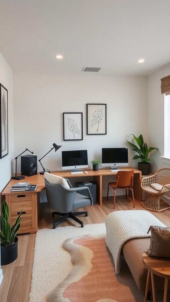 11 Inspiring Home Office Decor Ideas to Boost Your Productivity 11 A stylish home office with two desks, a cozy chair, and plants, creating a multi-functional workspace.