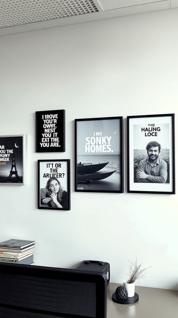 A collection of framed wall art in a home office, featuring quotes and images in black and white.