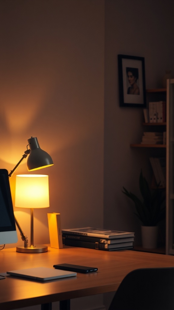 9 Chic Feminine Home Office Ideas for a Stylish Workspace 3 A cozy home office with soft lighting from two decorative lamps, creating a warm atmosphere.
