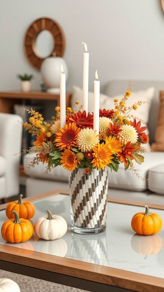 A fall-themed coffee table centerpiece featuring a floral arrangement with candles and small pumpkins.