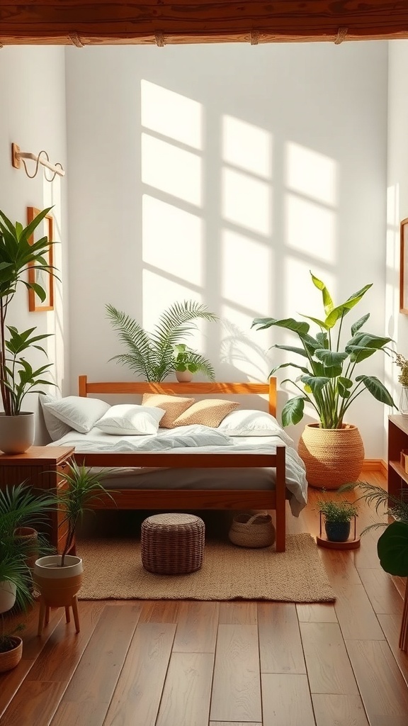 A warm bedroom with wooden furniture and various indoor plants, featuring natural light and a cozy atmosphere.