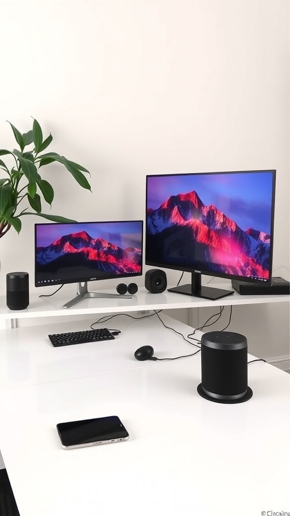 A modern home office setup featuring two monitors, a keyboard, speakers, and a smartphone on a clean desk with a plant.
