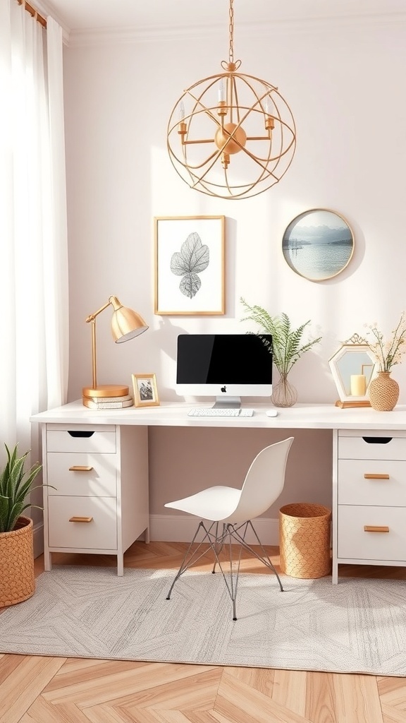 A chic feminine home office with a white desk, gold accents, and plants.