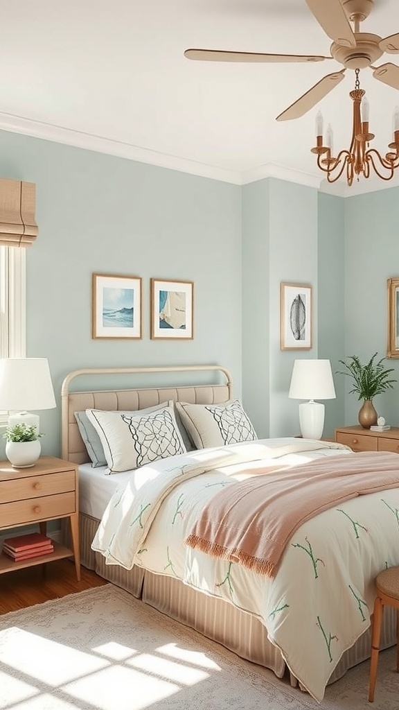 A cozy guest bedroom with peach walls, natural light, and elegant furnishings.