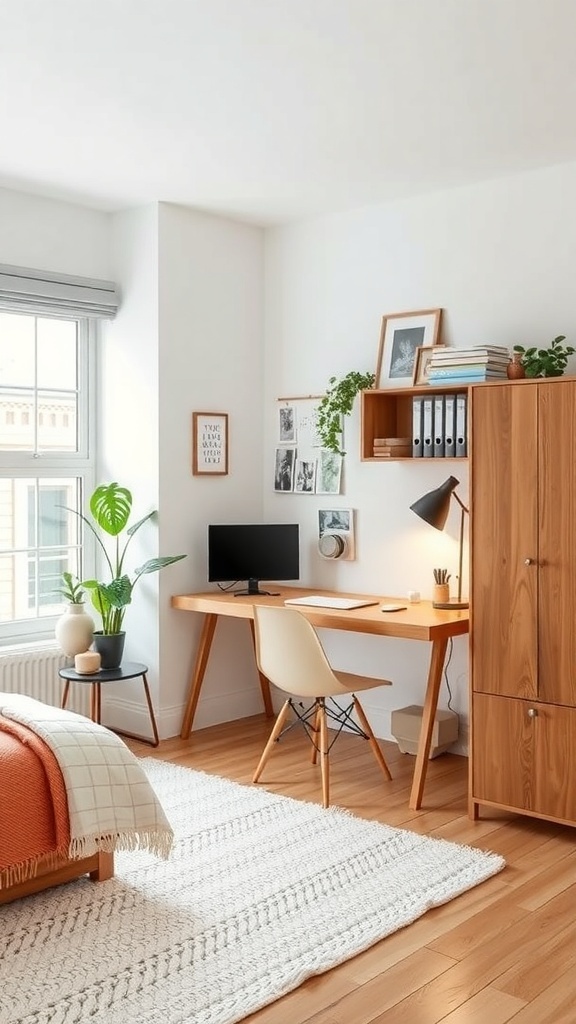 A modern home office featuring a wooden desk, a computer, and plants, creating a cozy and functional workspace.