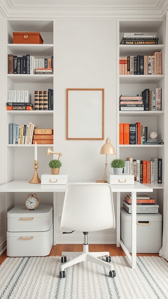 9 Chic Feminine Home Office Ideas for a Stylish Workspace 5 A stylish feminine home office with a white desk, organized shelves, and decorative elements.
