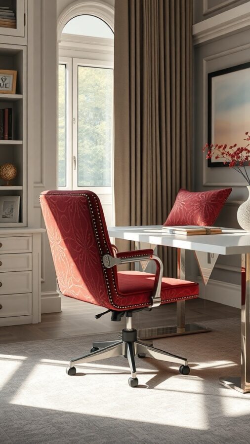 A stylish red office chair with elegant detailing in a feminine home office setting.