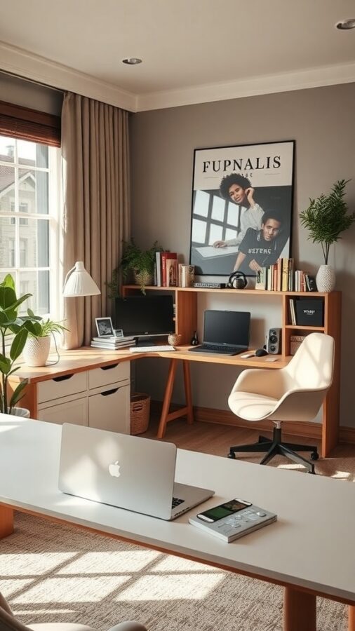A cozy home office featuring a sleek laptop, dual monitors, stylish chair, and plants, with natural light illuminating the space.