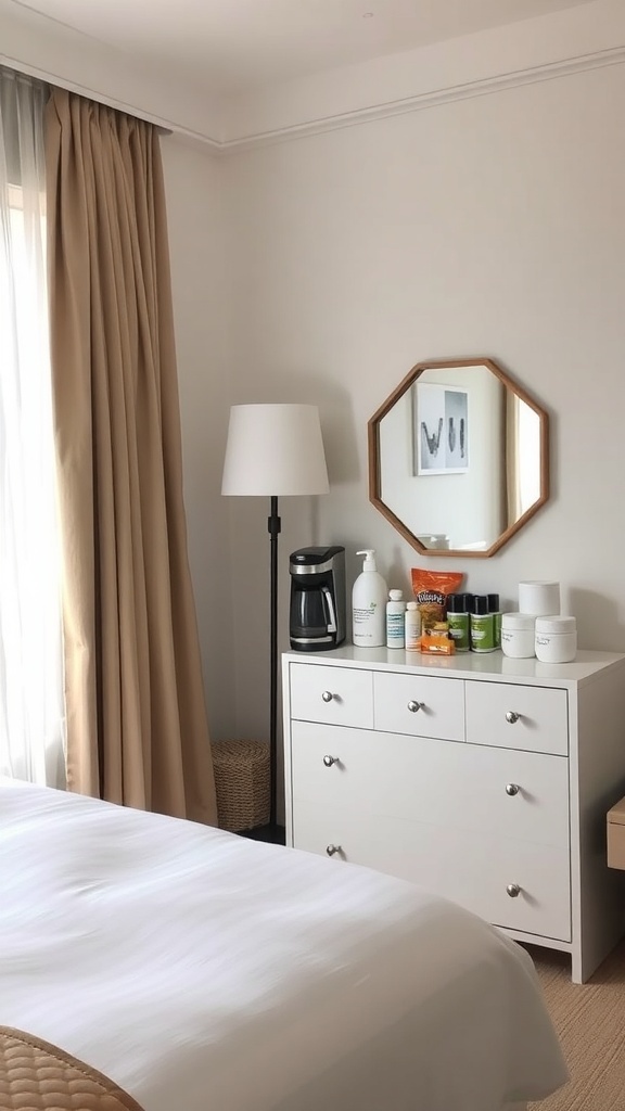 A cozy guest bedroom featuring a neatly made bed, a stylish dresser with a coffee maker and toiletries, and a lamp beside the bed.
