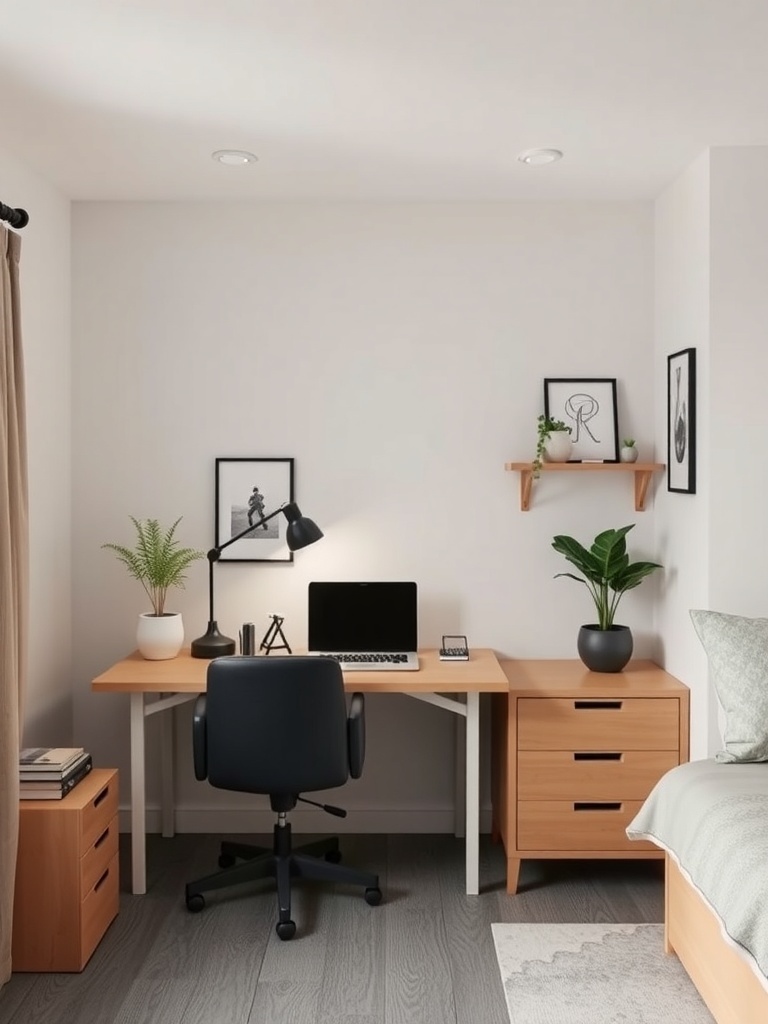 A cozy home office setup with a desk, chair, laptop, and plants, designed for dual-purpose use.