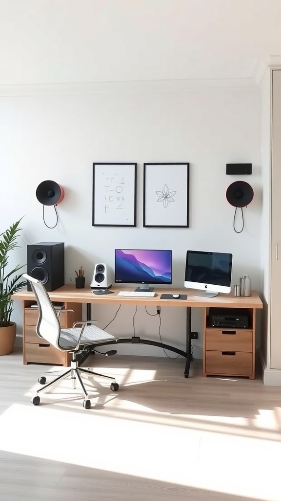 11 Inspiring Home Office Decor Ideas to Boost Your Productivity 8 A modern home office setup featuring two monitors, a stylish desk, and a comfortable chair, with plants and artwork.