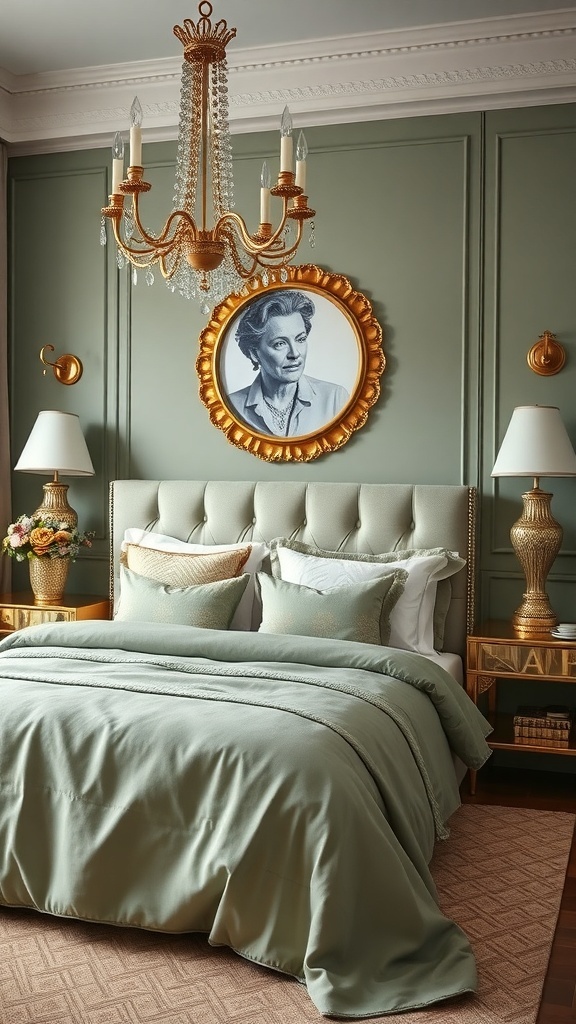 A stylish sage green bedroom featuring a golden chandelier, ornate mirror, and layered bedding.