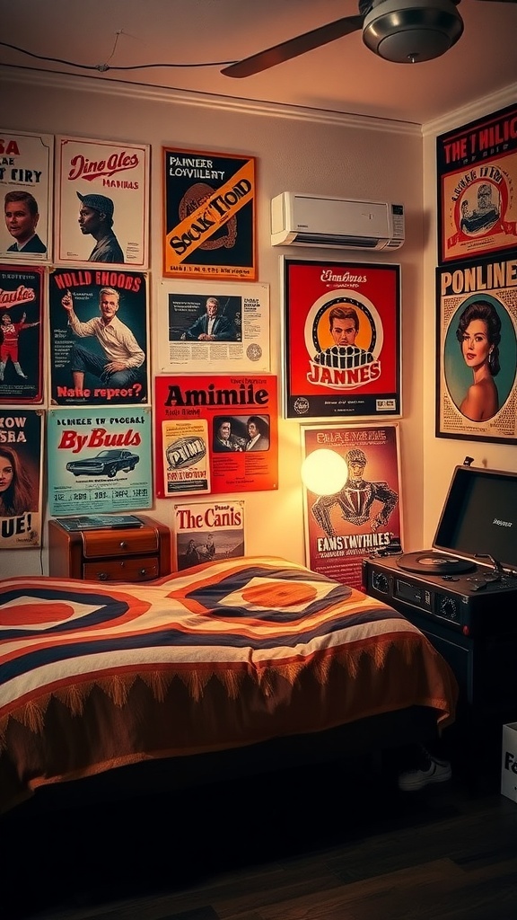 A teen boy's bedroom featuring vintage posters on the walls, a colorful bedspread, and a record player.