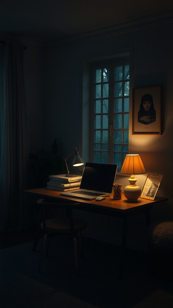 A cozy home office with soft lighting, featuring a desk, laptop, and decorative items.