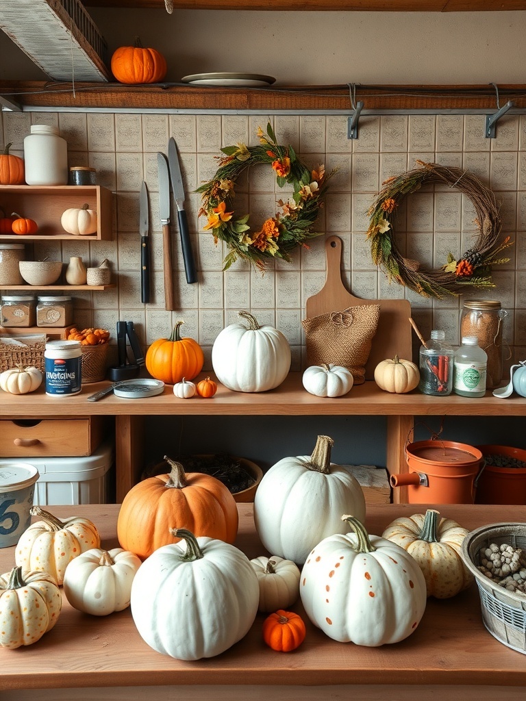 15 Cozy Fall Home Decor Ideas to Transform Your Space 13 A cozy kitchen scene with various pumpkins and wreaths for fall decor.