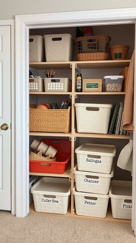 Organized closet with labeled storage bins and baskets