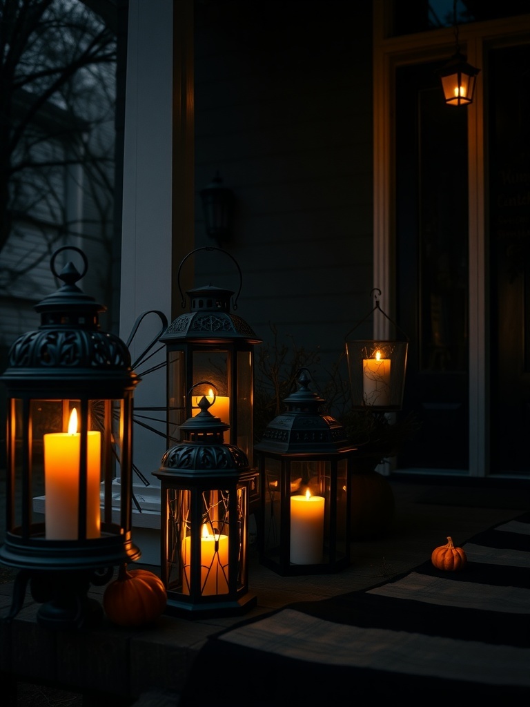 12 Spooktacular Halloween Home Decor Ideas to Transform Your Space 5 A collection of spooky lanterns with candles glowing warmly, surrounded by small pumpkins on a porch.