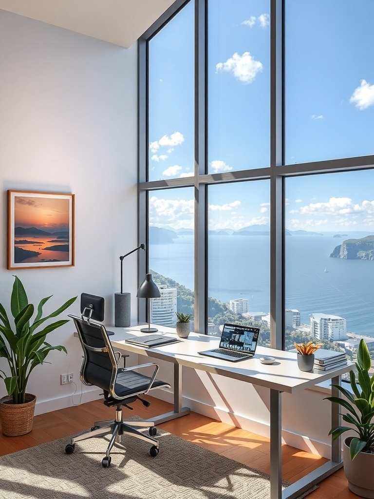 A modern home office with large windows showcasing an ocean view, featuring a desk, laptop, and framed sunset art.