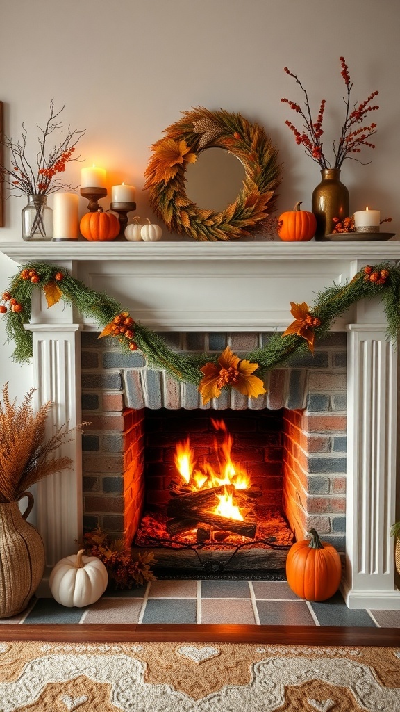 A cozy fall fireplace decorated with pumpkins, candles, and a wreath.