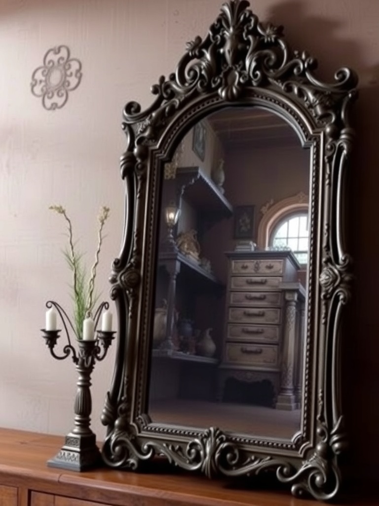 16 Unique Gothic Western Home Decor Finds 2 A gothic mirror with an ornate frame, reflecting a stylish interior with a candle holder beside it.