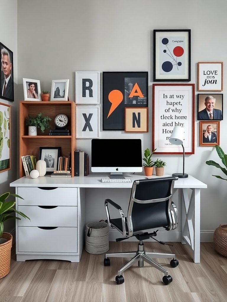 A stylish home office featuring a modern desk, computer, and a gallery wall with framed art and photos.