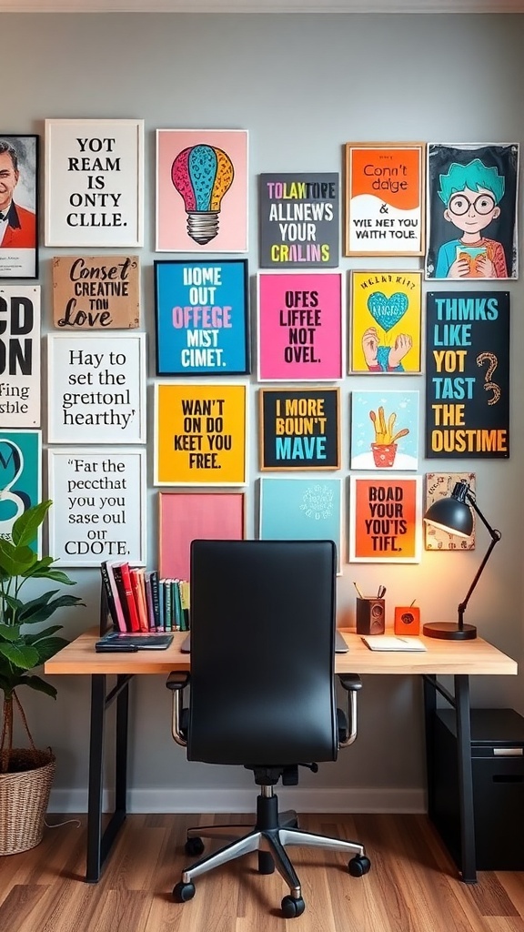 A colorful wall filled with various art pieces and quotes in a home office setting.