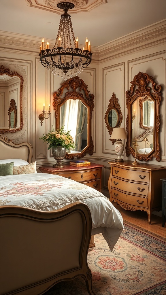 A vintage glam bedroom featuring ornate furniture, antique mirrors, and soft bedding.